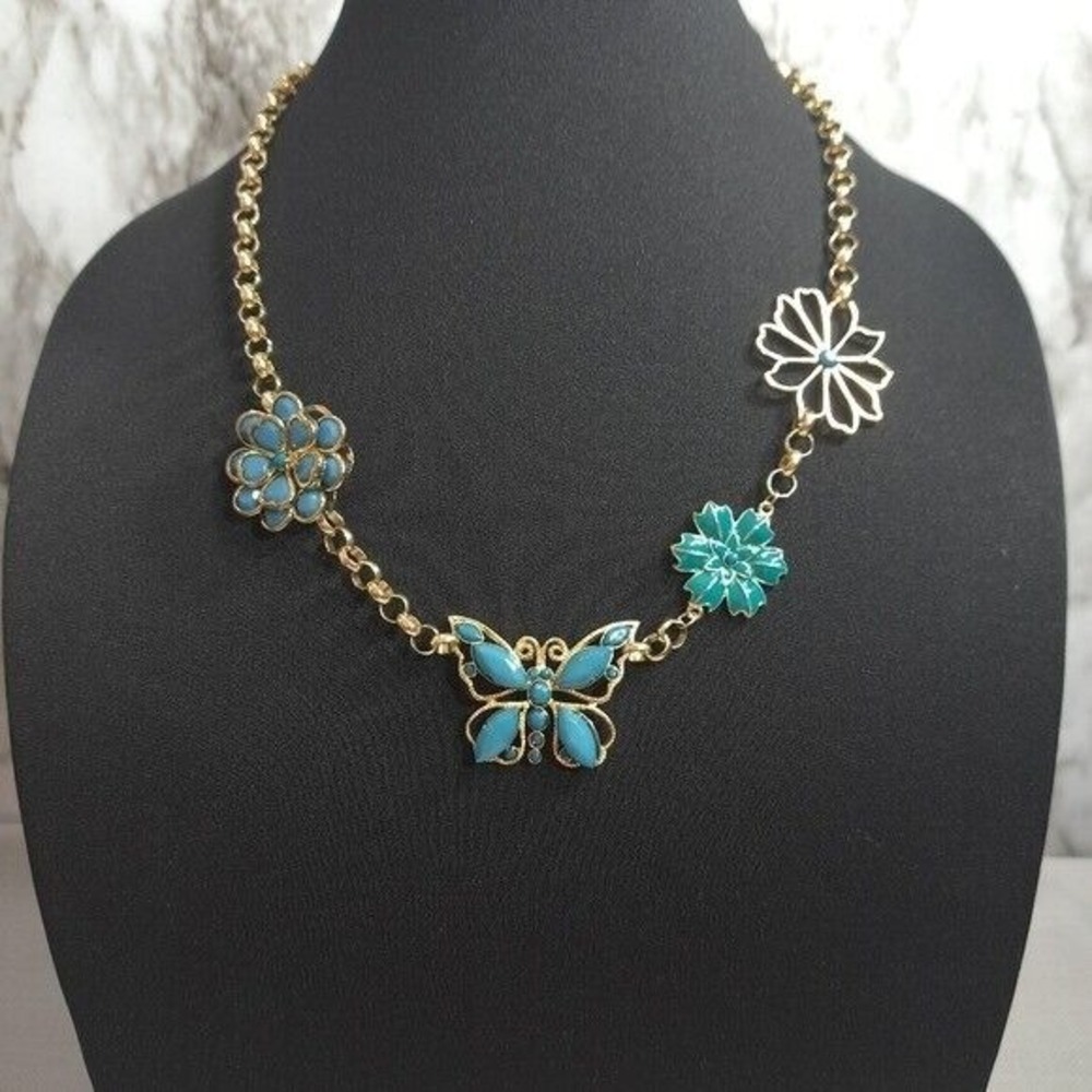 Women's Necklace Gold Tone Turquoise Butterfly & Flower Designs 11.5 in + 3 in